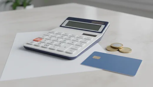 Ilustración 3D de una calculadora junto a una tarjeta bancaria