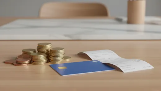 Ilustración 3D de monedas y una tarjeta que representa las comisiones bancarias